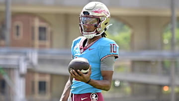Apr 20, 2024; Tallahassee, Florida, USA; Florida State Seminoles quarterback Trever Jackson (10) during the Spring Showcase at Doak S. Campbell Stadium. Mandatory Credit: Melina Myers-Imagn Images