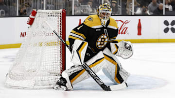 Nov 29, 2024; Boston, Massachusetts, USA; Boston Bruins goaltender Jeremy Swayman (1) during the first period against the Pittsburgh Penguins at TD Garden. Mandatory Credit: Winslow Townson-Imagn Images