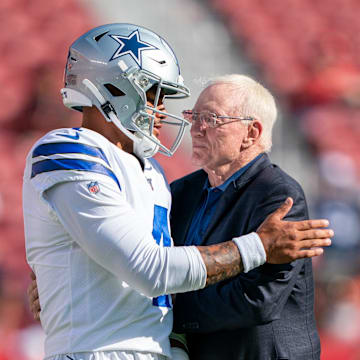 Dallas Cowboys quarterback Dak Prescott and owner Jerry Jones before the game against the San Francisco 49ers 