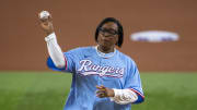 Mavericks CEO Cynt Marshall throws out the first pitch before a Texas Rangers game in 2022