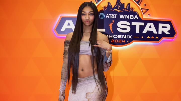 Jul 20, 2024; Phoenix, AZ, USA; Chicago Sky player Angel Reese arrives prior to the WNBA All Star Game at Footprint Center. 