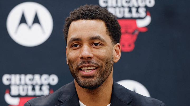 Jun 17, 2026; Chicago, Il, USA; Chicago Bulls Executive Vice President of Basketball Operations Bryson Graham introduces Chicago Bulls new head coach Tiago Splitter during a press conference at Advocate Center. Mandatory Credit: Kamil Krzaczynski-Imagn Images