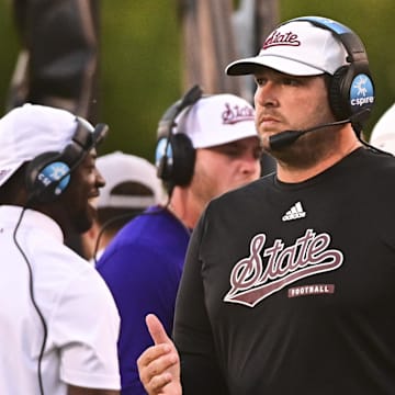Mississippi State Bulldogs head coach Jeff Lebby stands on the sidelines during the fourth quarter against the Texas A&M Aggies at Davis Wade Stadium at Scott Field. 