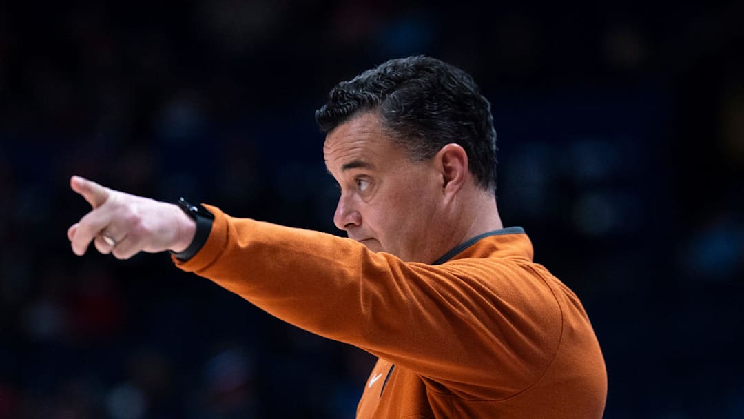Texas coach Sean Miller works the sideline against Mississippi during their 2026 SEC Men’s Basketball Tournament game at Bridgestone Arena in Nashville, Tenn., Wednesday, March 11, 2026.