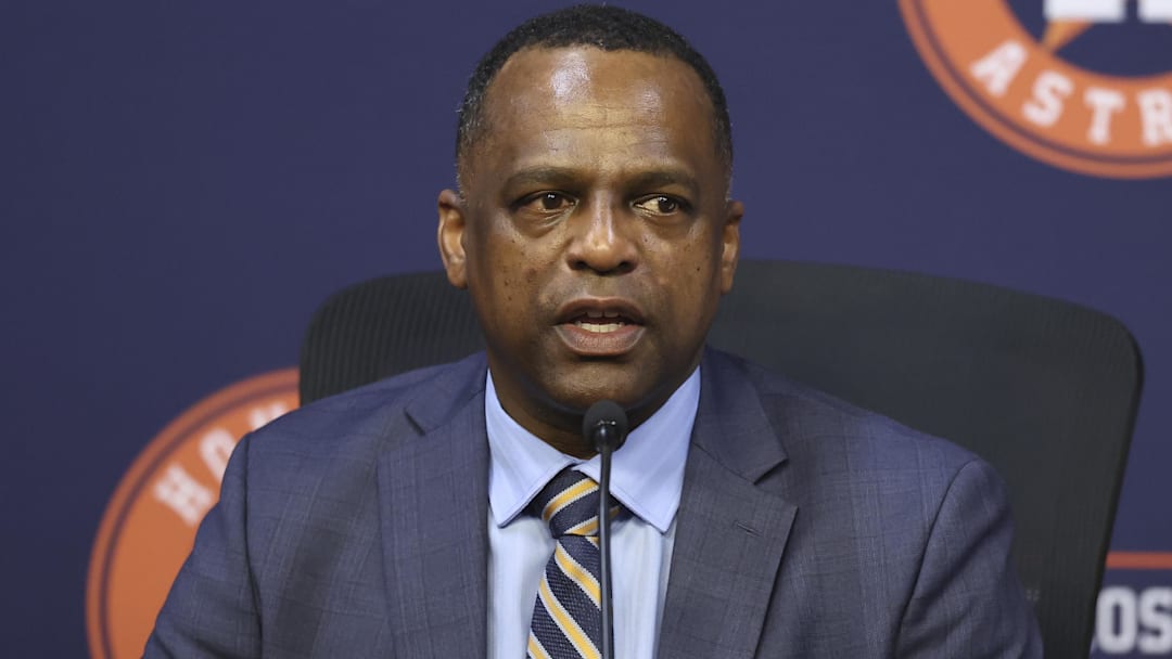 Jan 5, 2026; Houston, TX, USA; Houston Astros general manager Dana Brown speaks at a press conference  to introduce Japanese pitcher Tatsuya Imai at Daikin Park. Mandatory Credit: Troy Taormina-Imagn Images