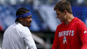 New England Patriots quarterback Drake Maye (10) and New England Patriots wide receiver Stefon Diggs (8) before the game against the Pittsburgh Steelers at Gillette Stadium.