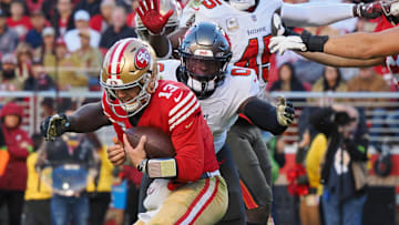 Nov 19, 2023; Santa Clara, California, USA; Tampa Bay Buccaneers outside linebacker Yaya Diaby (0) sacks San Francisco 49ers quarterback Brock Purdy (13) during the fourth quarter at Levi's Stadium. Mandatory Credit: Kelley L Cox-Imagn Images