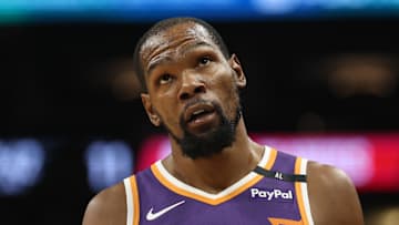 Kevin Durant #35 of the Phoenix Suns reacts against the Atlanta Hawks.