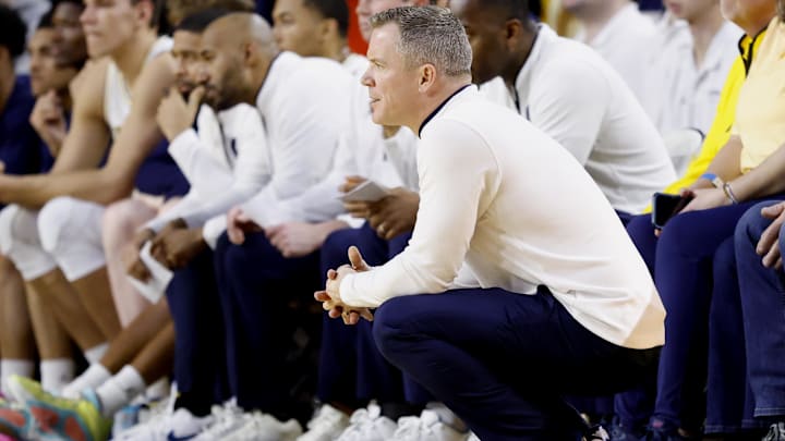 Feb 11, 2025; Ann Arbor, Michigan, USA;  Michigan Wolverines head coach Dusty May looks on in the second half against the Purdue Boilermakers at Crisler Center. Mandatory Credit: Rick Osentoski-Imagn Images