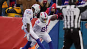 Buffalo Bills wide receiver Tyrell Shavers celebrates with Buffalo Bills running back Ty Johnson’s touchdown run during first-half action against the Tampa Bay Buccaneers on Nov 16, 2025, at Highmark Stadium in Orchard Park.