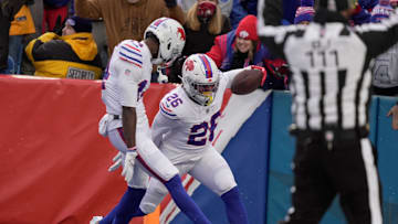 Buffalo Bills wide receiver Tyrell Shavers celebrates with Buffalo Bills running back Ty Johnson’s touchdown run during first-half action against the Tampa Bay Buccaneers on Nov 16, 2025, at Highmark Stadium in Orchard Park.