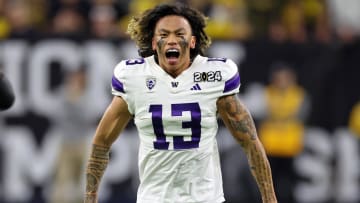 Jan 8, 2024; Houston, TX, USA; Washington Huskies cornerback Kamren Fabiculanan (13) reacts after a play against the Michigan Wolverines during the third quarter in the 2024 College Football Playoff national championship game at NRG Stadium. Mandatory Credit: Thomas Shea-USA TODAY Sports