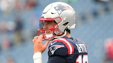 Sep 7, 2025; Foxborough, Massachusetts, USA; New England Patriots quarterback Tommy DeVito (16) practices before the game against the Las Vegas Raiders at Gillette Stadium.  