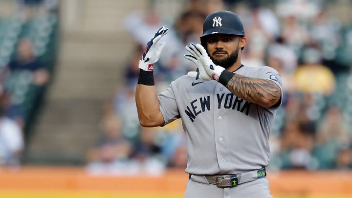 Jun 23, 2026; Detroit, Michigan, USA;  New York Yankees designated hitter Jasson Dominguez (24) celebrates after he hits a double in the first inning against the Detroit Tigers at Comerica Park. Mandatory Credit: Rick Osentoski-Imagn Images