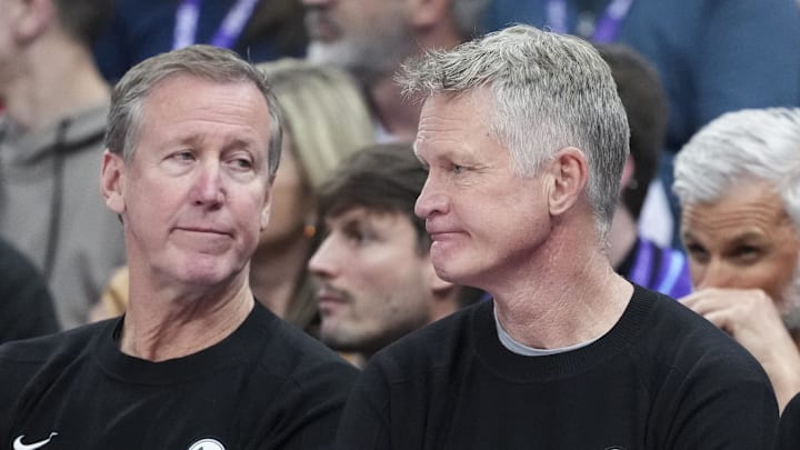 Mar 9, 2026; Salt Lake City, Utah, USA; Golden State Warriors head coach Steve Kerr reacts on the bench in the the second quarter at Delta Center.  Mandatory Credit: Gabriel Mayberry-Imagn Images