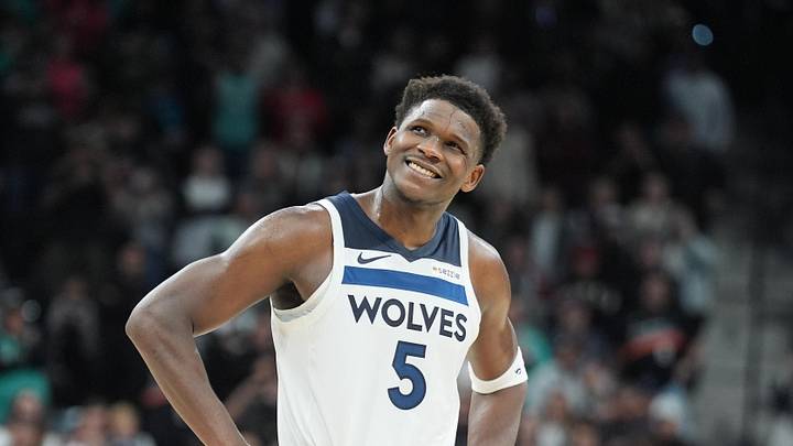 Jan 17, 2026; San Antonio, Texas, USA; Minnesota Timberwolves guard Anthony Edwards (5) looks up in the second half against the San Antonio Spurs at Frost Bank Center. Mandatory Credit: Daniel Dunn-Imagn Images