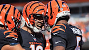 Oct 26, 2025; Cincinnati, Ohio, USA; Cincinnati Bengals wide receiver Tee Higgins (5) celebrates after scoring a touchdown with quarterback Joe Flacco (16) during the second quarter against the New York Jets at Paycor Stadium. Mandatory Credit: Katie Stratman-Imagn Images