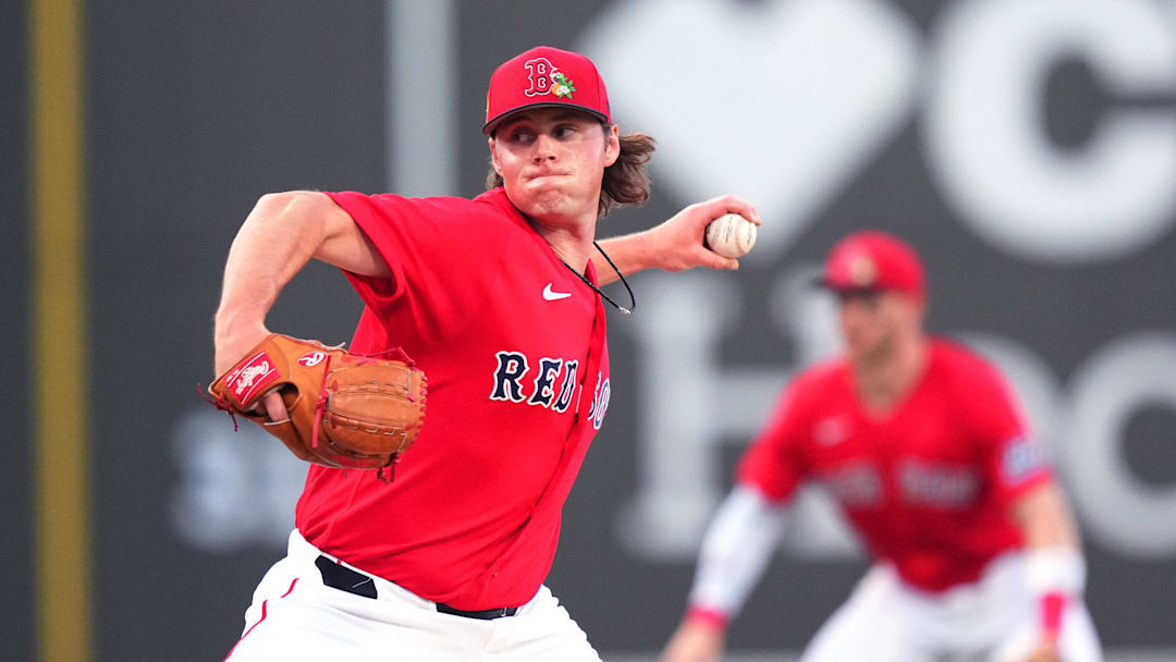 Mar 3, 2026; Lee County, FL, USA;  Boston Red Sox pitcher Jake Bennett (64) pitches in the first inning against the Puerto Rico. Mandatory Credit: Jim Rassol-Imagn Images