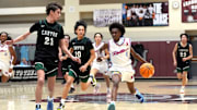 Rancho Mirage dribbles the ball against Canyon in a CIF-SS Division 2A playoff game in Rancho Mirage, Calif., on Tuesday, Feb. 18, 2025.