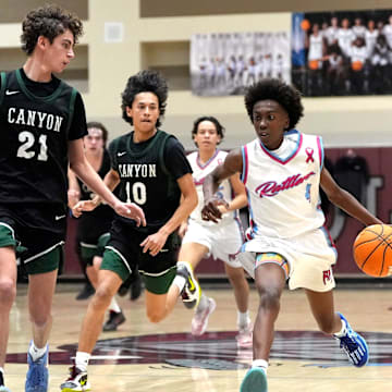 Rancho Mirage dribbles the ball against Canyon in a CIF-SS Division 2A playoff game in Rancho Mirage, Calif., on Tuesday, Feb. 18, 2025.