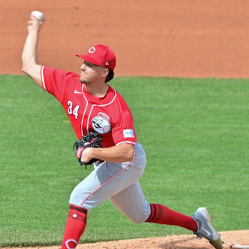 Feb 27, 2024; Mesa, Arizona, USA;  Cincinnati Reds starting pitcher Connor Phillips (34) throws in the fourth inning against the Chicago Cubs during a spring training game at Sloan Park. Mandatory Credit: Matt Kartozian-Imagn Images