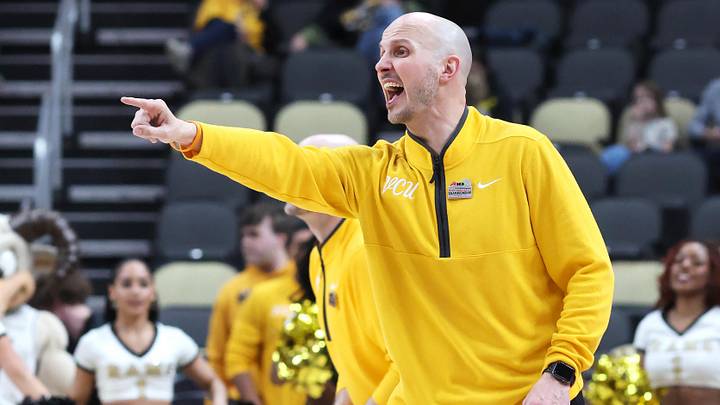 VCU Rams head coach Phil Martelli Jr. reacts on the sidelines against the Dayton Flyers during the first half in the Atlantic 10 Conference Tournament Championship game at PPG Paints Arena.