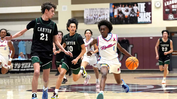 Rancho Mirage dribbles the ball against Canyon in a CIF-SS Division 2A playoff game in Rancho Mirage, Calif., on Tuesday, Feb. 18, 2025. Rancho Mirage dribbles the ball against Canyon in a CIF-SS Division 2A playoff game in Rancho Mirage, Calif., on Tuesday, Feb. 18, 2025.