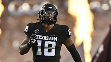Oct 26, 2024; College Station, Texas, USA; Texas A&M Aggies defensive lineman Cashius Howell (18) takes the field prior to the game against the LSU Tigers. The Aggies defeated the Tigers 38-23; at Kyle Field. Mandatory Credit: Maria Lysaker-Imagn Images.