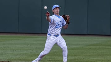 May 31, 2024; Chapel Hill, NC, USA; North Carolina outfielder Anthony Donofrio (4) throws back to second base against the LIU Sharks during the NCAA regional in Chapel Hill, NC. Mandatory Credit: Jim Dedmon-USA TODAY Sports