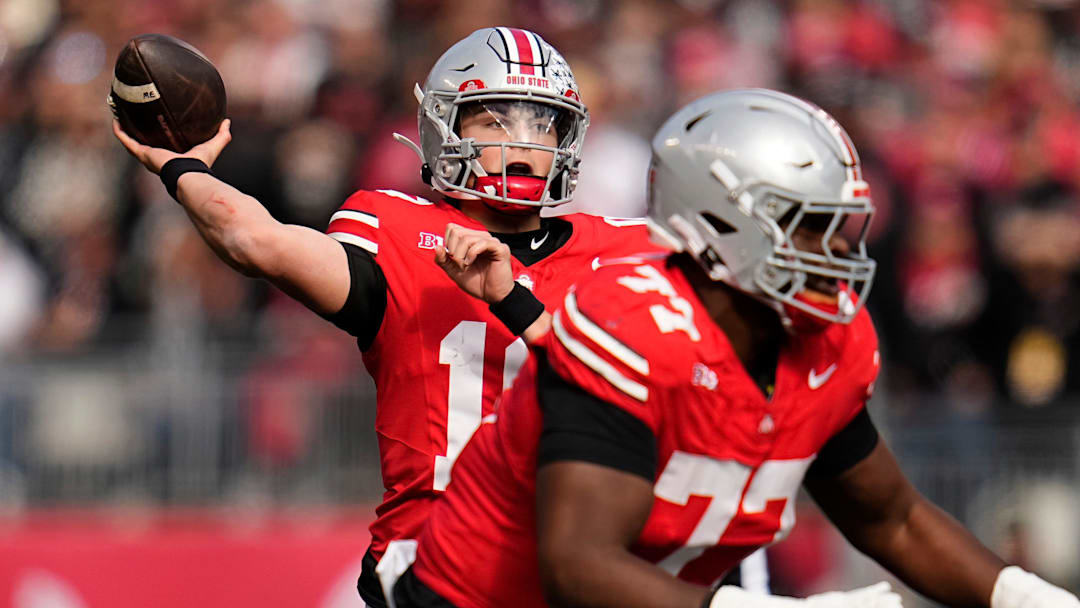 Ohio State Buckeyes quarterback Julian Sayin (10) throws during the NCAA football game against the Penn State Nittany Lions at Ohio Stadium in Columbus on Nov. 1, 2025.