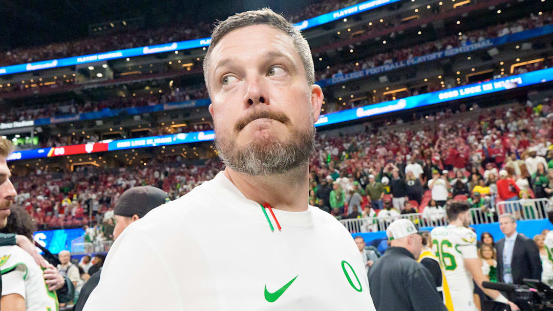 Oregon head coach Dan Lanning walks off the field after the Ducks’ loss as the Oregon Ducks face the Indiana Hoosiers in the Peach Bowl on Jan. 9, 2026, at Mercedes-Benz Stadium in Atlanta, Georgia.