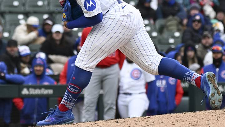 Apr 1, 2026; Chicago, Illinois, USA;  Chicago Cubs pitcher Daniel Palencia (48) delivers against the Los Angeles Angels during the ninth inning at Wrigley Field. Mandatory Credit: Matt Marton-Imagn Images