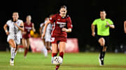 Arkansas forward Kyndal Ewertz with the ball against the Mississippi State. Ewertz scored two goals as part of a 4-2 win. 