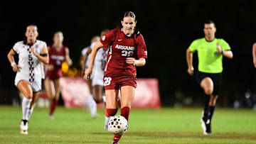 Arkansas forward Kyndal Ewertz with the ball against the Mississippi State. Ewertz scored two goals as part of a 4-2 win. 
