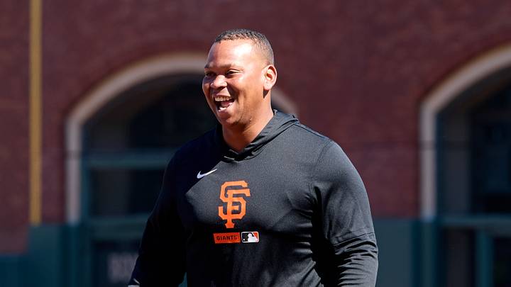 San Francisco, California, USA; San Francisco Giants designated hitter Rafael Devers (16) reacts during warnmups before the game against the New York Mets at Oracle Park. Mandatory Credit: Robert Edwards-Imagn Images
