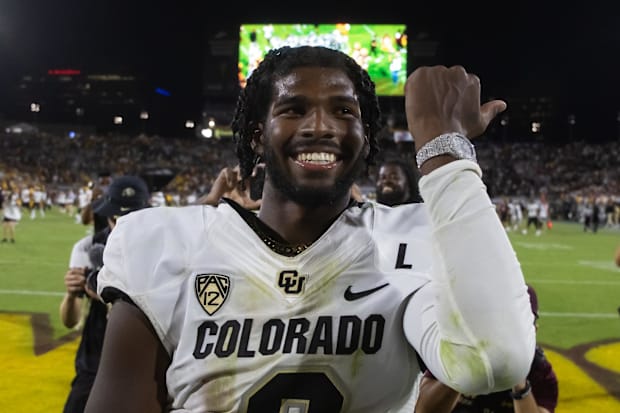 Oct 7, 2023; Tempe, Arizona, USA; Colorado Buffaloes quarterback Shedeur Sanders (2) celebrates after defeating the Arizona S