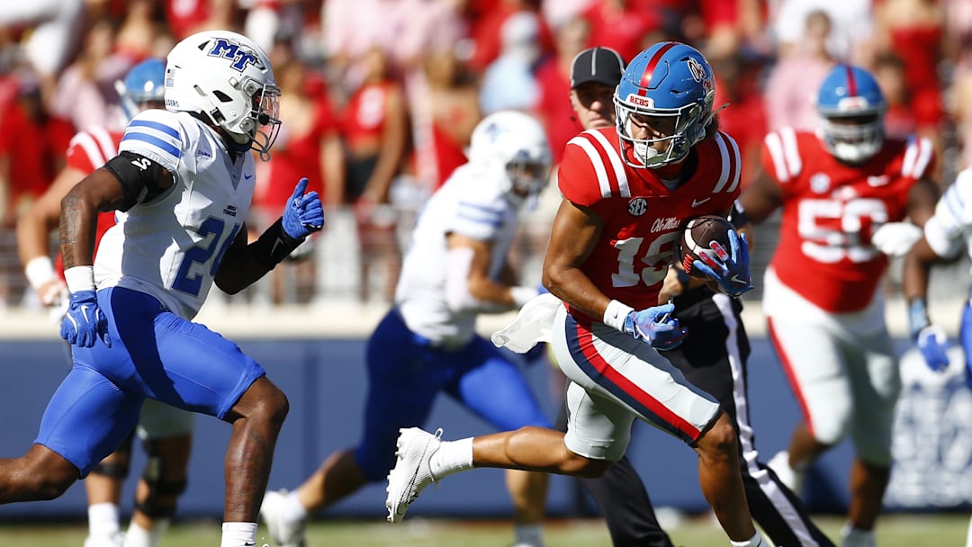 Sep 7, 2024; Oxford, Mississippi, USA; Mississippi Rebels wide receiver Cayden Lee (19) runs after a catch during the second half against the Middle Tennessee Blue Raiders at Vaught-Hemingway Stadium. Mandatory Credit: Petre Thomas-Imagn Images