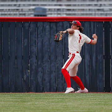 Nixa's Wyatt Vincent makes a throw to the infield as the Eagles took on the Joplin Eagles on Wednesday, April 16, 2025. Vincent was drafted by the New York Mets in the 11th round of the 2025 MLB Draft and told reporters after the draft that he intends for forego his college commitment to Missouri State and sign with the Mets.