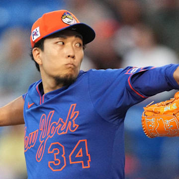 Mar 3, 2025; Port St. Lucie, Florida, USA;  New York Mets pitcher Kodai Senga (34) pitches in the first inning against the Miami Marlins at Clover Park. Mandatory Credit: Jim Rassol-Imagn Images