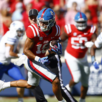 Sep 7, 2024; Oxford, Mississippi, USA; Mississippi Rebels wide receiver Cayden Lee (19) runs after a catch during the second half against the Middle Tennessee Blue Raiders at Vaught-Hemingway Stadium. Mandatory Credit: Petre Thomas-Imagn Images