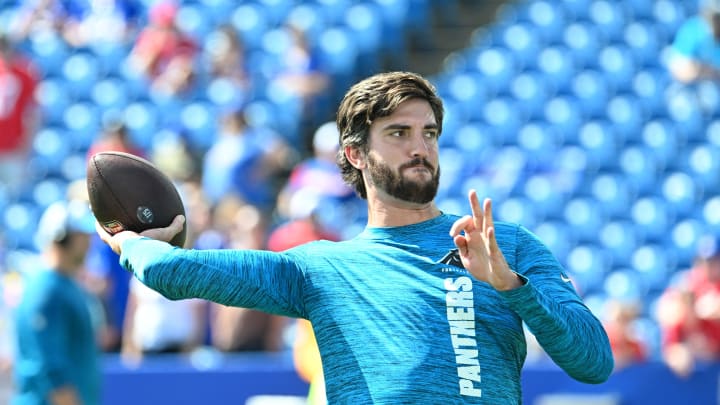 Aug 24, 2024; Orchard Park, New York, USA; Carolina Panthers quarterback Jack Plummer (16) warms up before a pre-season game against the Buffalo Bills at Highmark Stadium. 