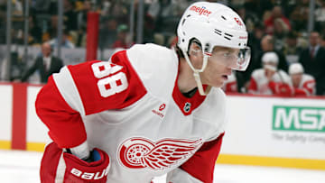 Nov 13, 2024; Pittsburgh, Pennsylvania, USA;  Detroit Red Wings right wing Patrick Kane (88) against the Pittsburgh Penguins during the second period at PPG Paints Arena. Mandatory Credit: Charles LeClaire-Imagn Images