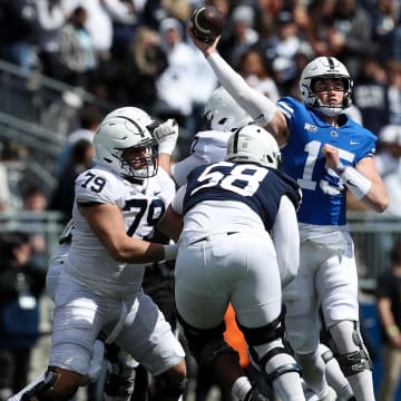 Penn State quarterback Drew Allar throws a pass during the second quarter of the Blue-White spring game at Beaver Stadium.