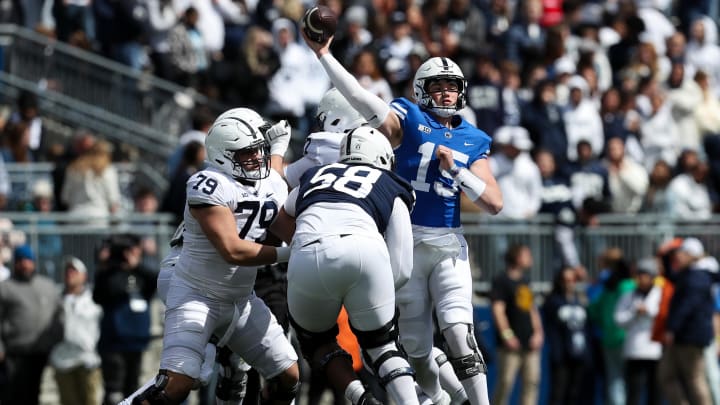 Penn State quarterback Drew Allar throws a pass during the second quarter of the Blue-White spring game at Beaver Stadium.