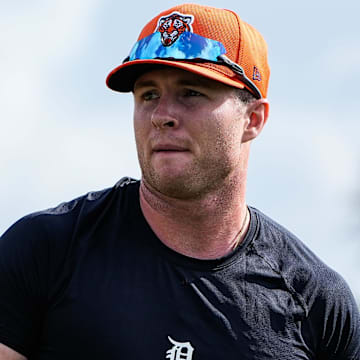 Detroit Tigers infielder Colt Keith works out at first base during spring training at TigerTown in Lakeland, Fla. on Sunday, Feb. 16, 2025