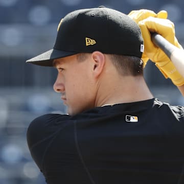Aug 2, 2024; Pittsburgh, Pennsylvania, USA;  Pittsburgh Pirates shortstop Konnor Griffin who was the ninth overall pick in first round of the 2024 First-Year Player Draft at the batting cage before a game against the Arizona Diamondbacks at PNC Park. Mandatory Credit: Charles LeClaire-Imagn Images