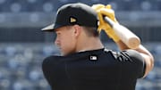 Aug 2, 2024; Pittsburgh, Pennsylvania, USA;  Pittsburgh Pirates shortstop Konnor Griffin who was the ninth overall pick in first round of the 2024 First-Year Player Draft at the batting cage before a game against the Arizona Diamondbacks at PNC Park. Mandatory Credit: Charles LeClaire-Imagn Images
