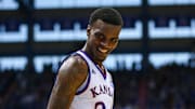 Feb 2, 2019; Lawrence, KS, USA; Kansas Jayhawks guard Lagerald Vick (24) reacts after a play against the Texas Tech Red Raiders at Allen Fieldhouse. Mandatory Credit: Jay Biggerstaff-Imagn Images