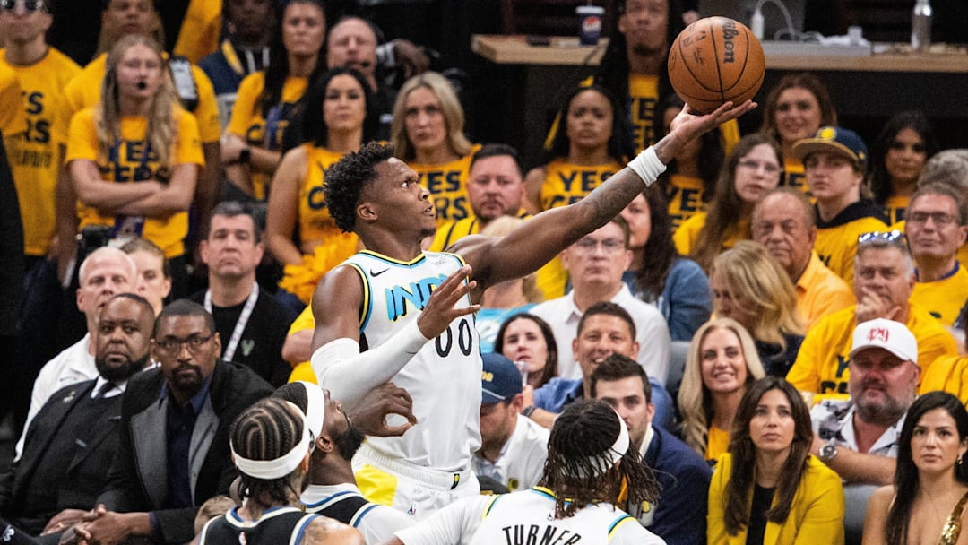 Apr 29, 2025; Indianapolis, Indiana, USA; Indiana Pacers guard Bennedict Mathurin (00) shoots the ball while Milwaukee Bucks forward Bobby Portis (9) defends during game five of the first round for the 2024 NBA Playoffs at Gainbridge Fieldhouse. Mandatory Credit: Trevor Ruszkowski-Imagn Images