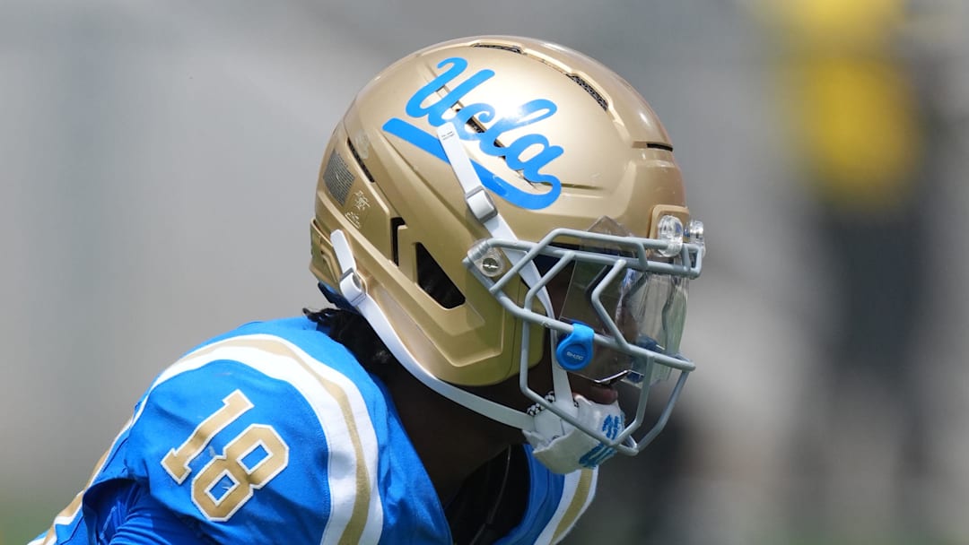 May 2, 2026; Pasadena, CA, USA; UCLA Bruins defensive back Osiris Gilbert (18) during the spring game at Rose Bowl. Mandatory Credit: Kirby Lee-Imagn Images